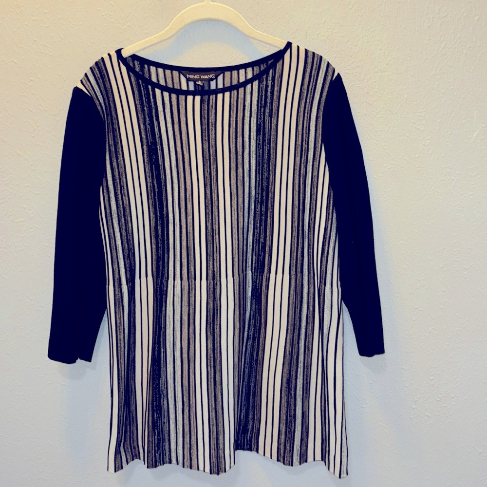 Ming Wang Black Cream Gray Stripe Knit Top Blouse Sweater Women’s Size Large